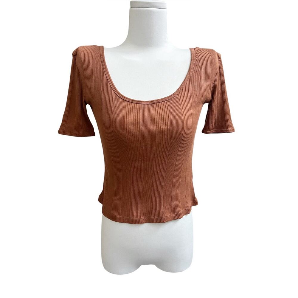 Jeana Sohn Brown Ribbed Knit 100% Cotton Short Sleeve Crop Top Sz 1 US Small